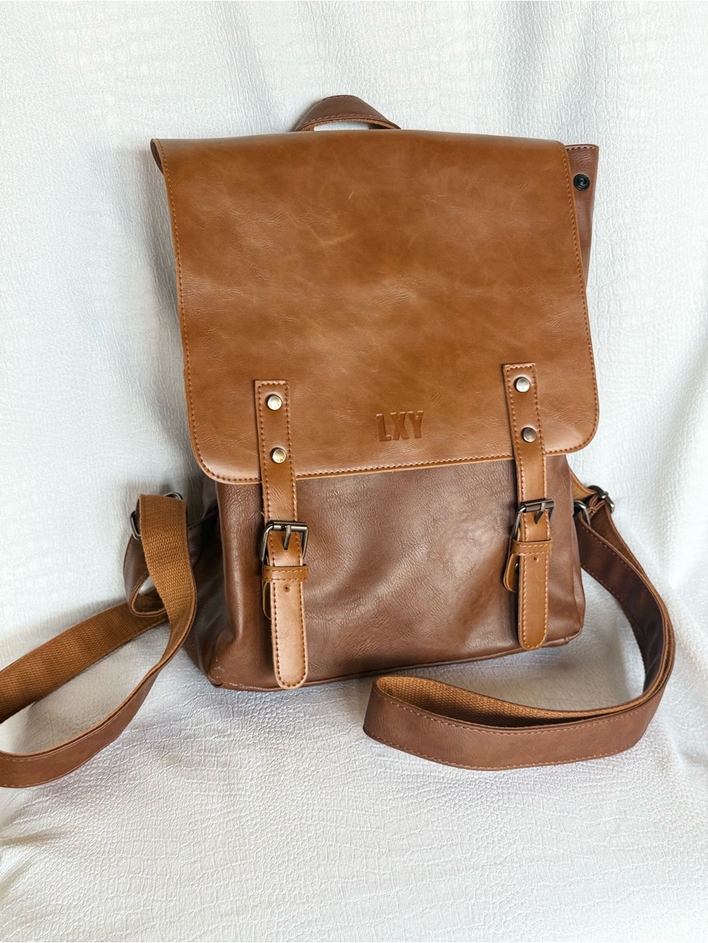 LXY Vegan Leather Flap Backpack – Tan/Brown